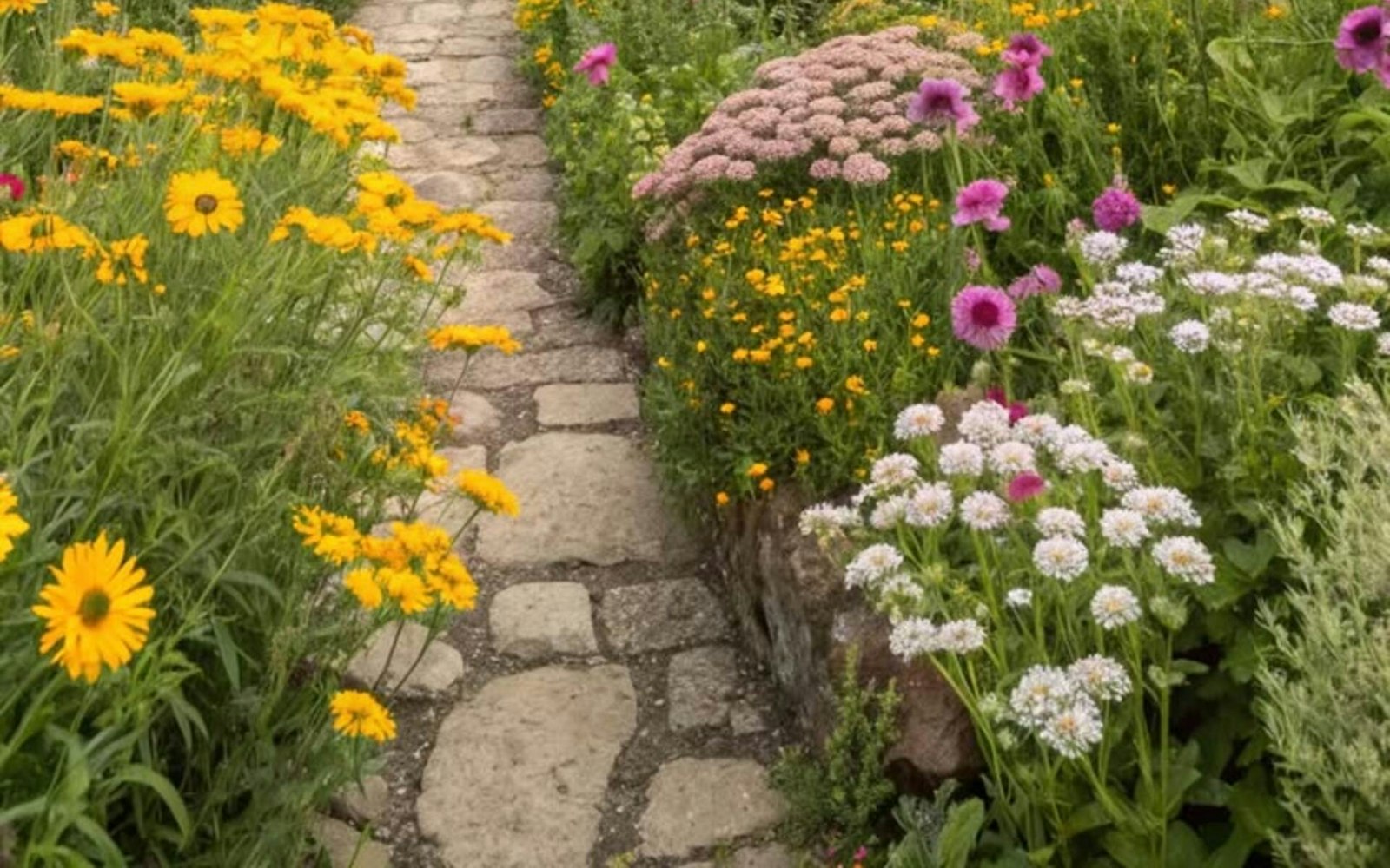 Stone path through a colourful flower garden near Harrogate, a favourite family day out