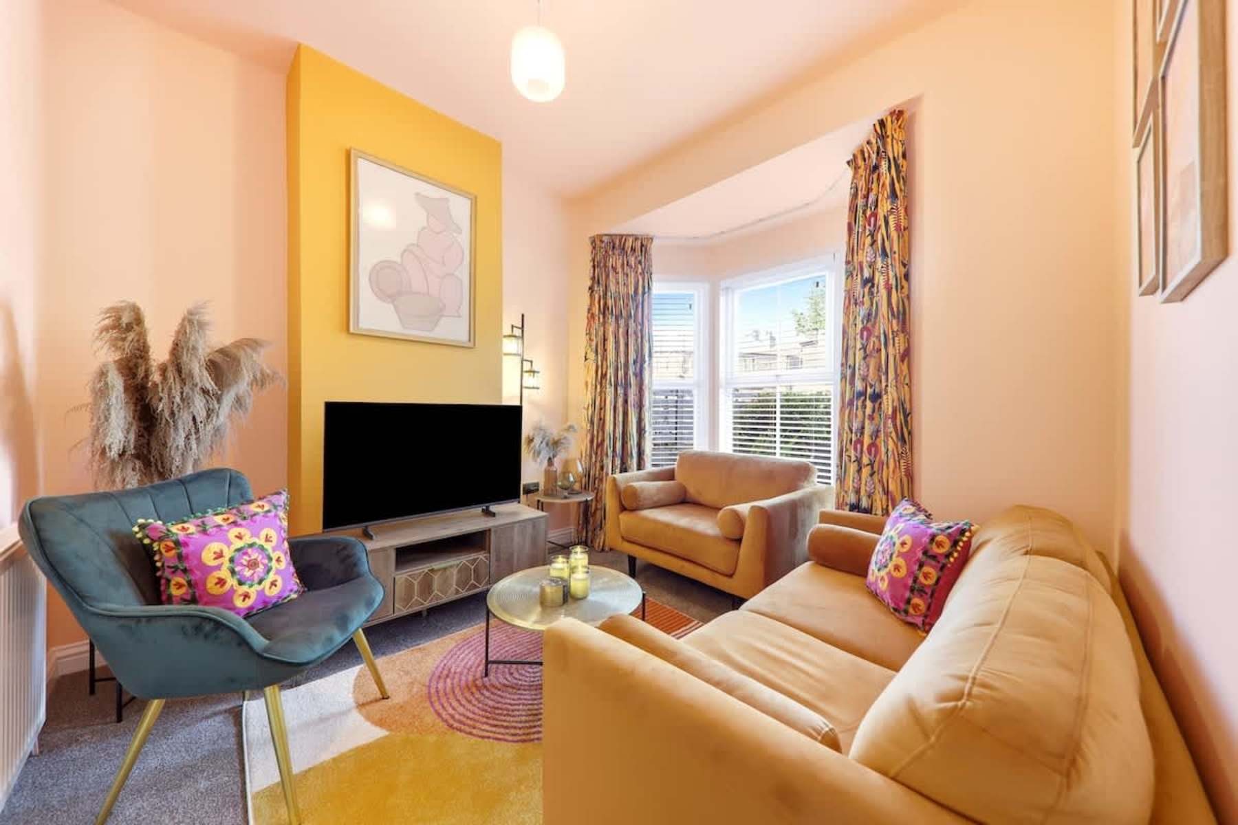 Colourful living room at Mayfield 98, a two-bedroom townhouse in Harrogate